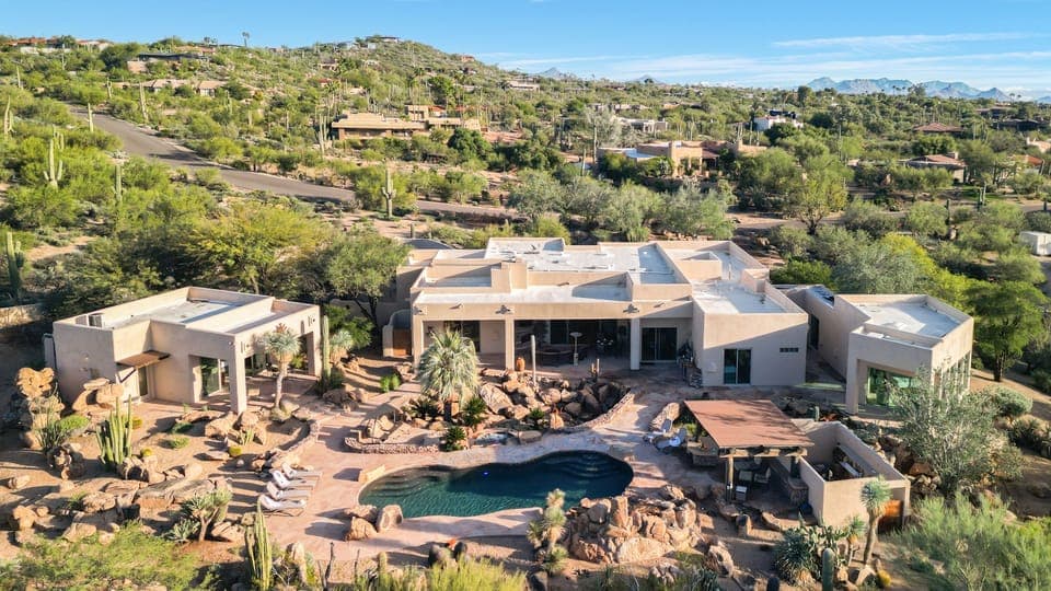 Aerial shot showcasing neighborhood views.