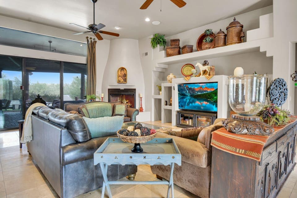 Indoor fireplace + 70 inch curved TV 