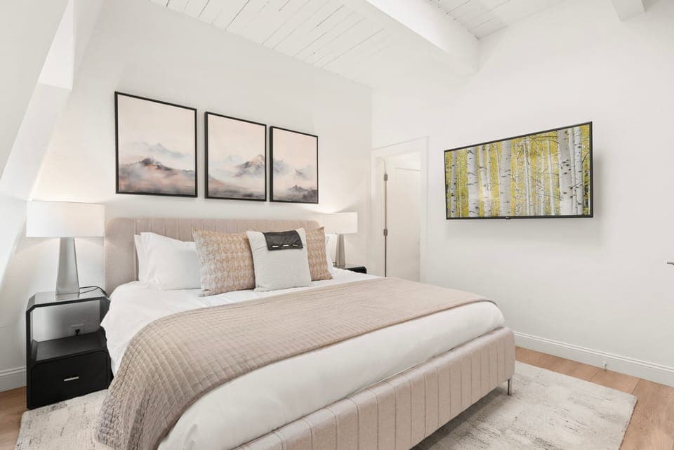 Primary bedroom with plush king-sized bed, vaulted ceilings, 55" smart TV with Xfinity cable and Roku streaming, large closet, dual light shades, and ensuite bathroom.