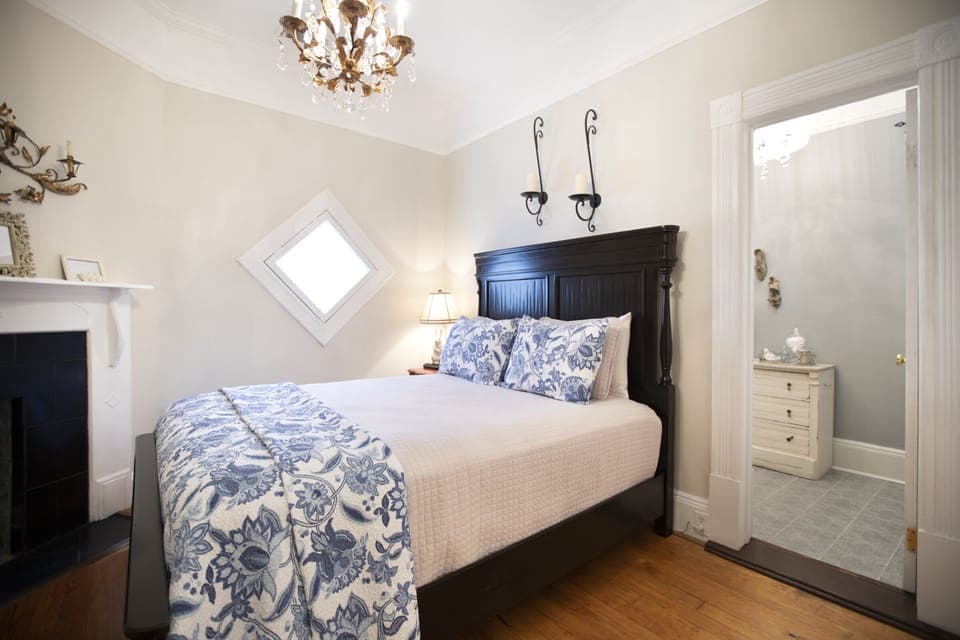 Comfy queen bed with attached newly renovated master bath