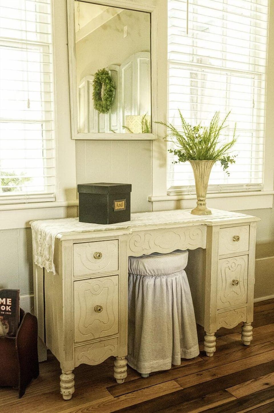 Once reminiscent of an era filled with big-band music and formal fort dances, this vintage vanity now provides a delightful place to prepare for a day on Tybee Island.
