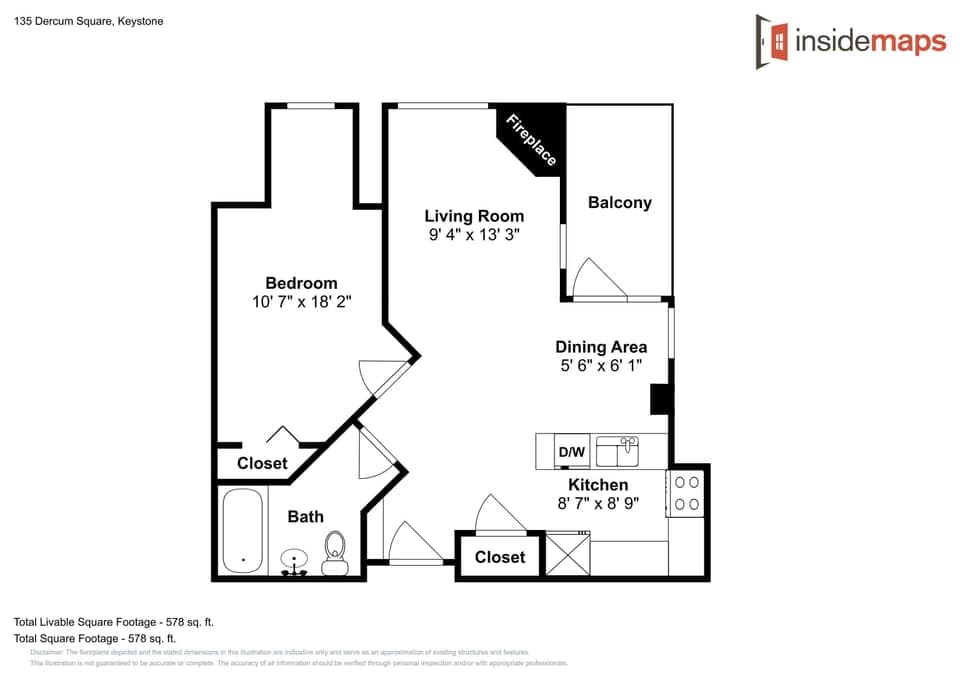 This detailed floor plan shows your rental's smart layout with spacious bedroom, full kitchen, and private balcony.