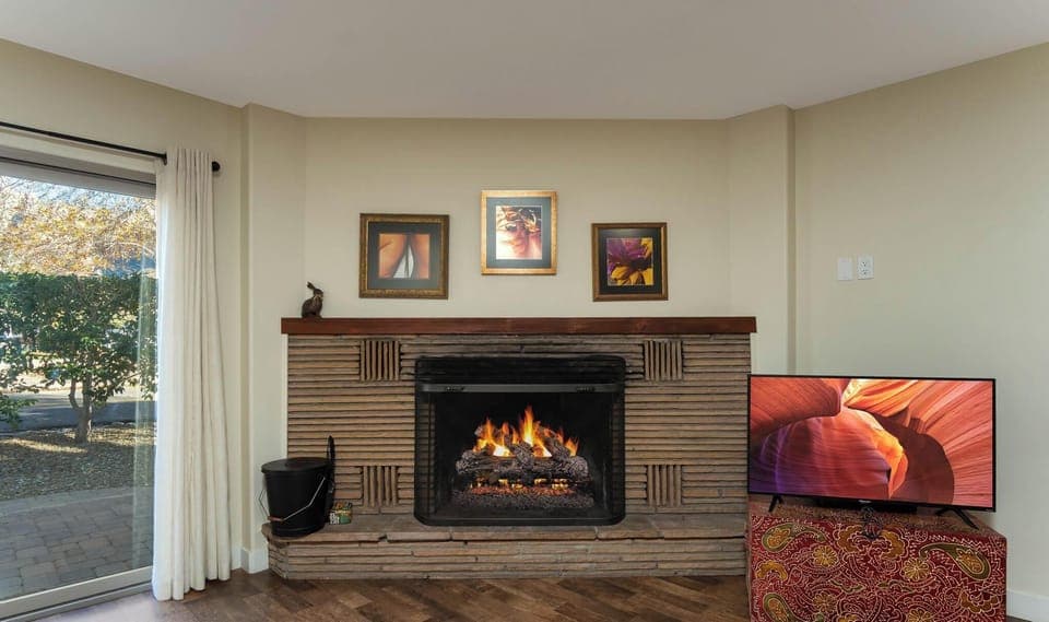 A fireplace to warm things up and get cozy for the evening.