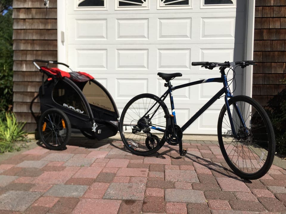 Hybrid Bikes with Burley Honey Bee 2 seat trailer and detachable stroller 